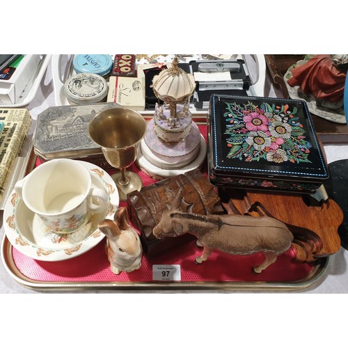 97 - A tray of assorted including Royal Doulton Bunnykins, a Beswick model of a donkey and a globe which ... 