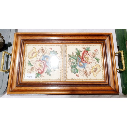 101 - A tray inset with two ceramic tiles, width 42.5cm. No shipping. Arrange collection or your own packe... 