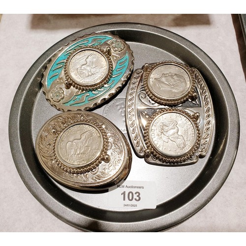 103 - Three belt buckles inset with USA dollar coins. UK shipping £14.