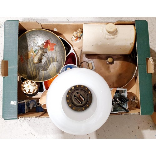 106 - A box of assorted including an oil lamp. No shipping. Arrange collection or your own packer and ship... 