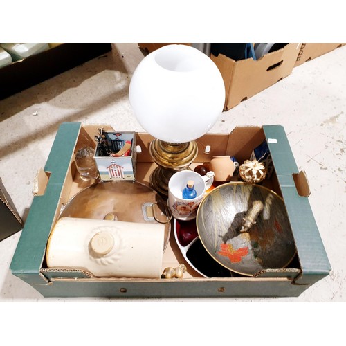 106 - A box of assorted including an oil lamp. No shipping. Arrange collection or your own packer and ship... 