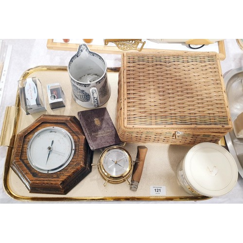 121 - A tray of assorted including an oak cased barometer. No shipping. Arrange collection or your own pac... 