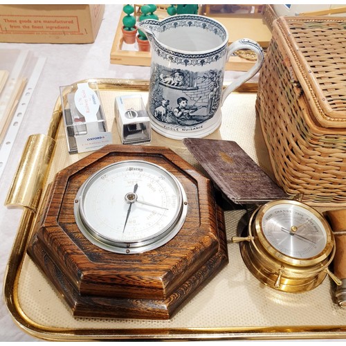 121 - A tray of assorted including an oak cased barometer. No shipping. Arrange collection or your own pac... 