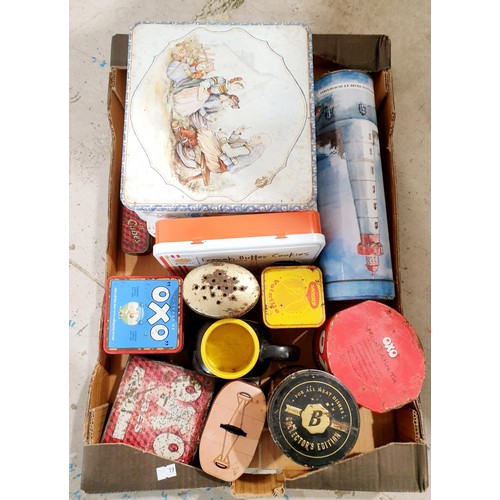 126 - Three boxes of assorted including vintage and later tins. No shipping. Arrange collection or your ow... 