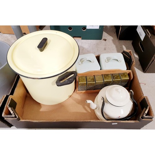 128 - Two boxes of vintage kitchenware including enamel. No shipping. Arrange collection or your own packe... 