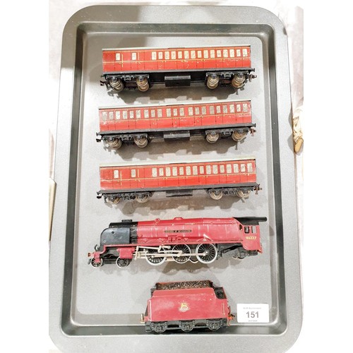 151 - A vintage Hornby Dublo Duchess of Devonshire locomotive and tender, A/F together with three tin plat... 