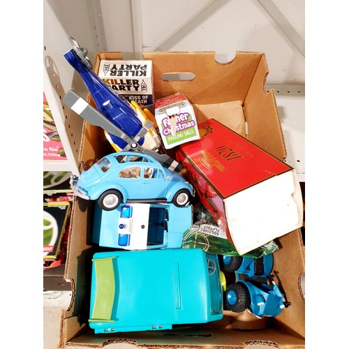 168 - A box of toys and games including a Barbie aeroplane and a Matchbox Models of Yesteryear coach and h... 