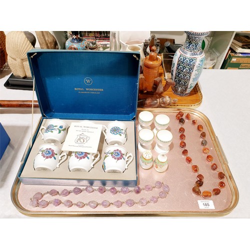 185 - Hard stone necklaces and a boxed set of six Royal Worcester 