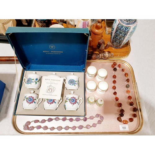 185 - Hard stone necklaces and a boxed set of six Royal Worcester 