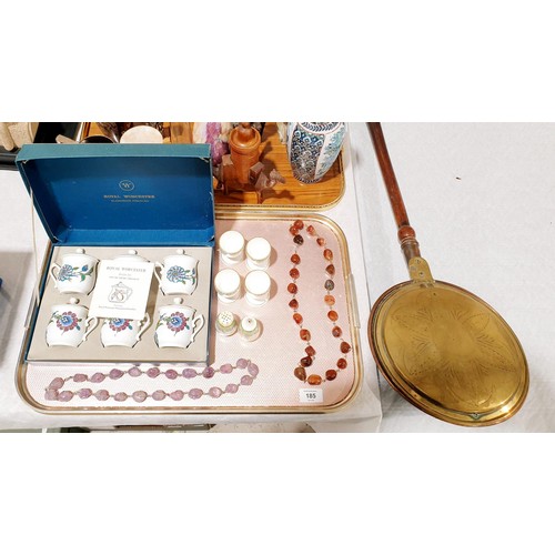 185 - Hard stone necklaces and a boxed set of six Royal Worcester 