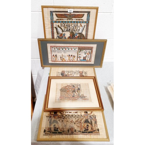 219 - A selection of Egyptian paintings on papyrus, the largest 50.5x40cm. No shipping. Arrange collection... 