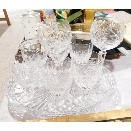 13 - Six Waterford Crystal goblets together with two cut glass hock glasses and a cut glass dressing tabl... 