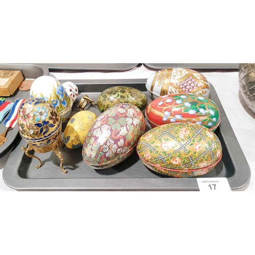 17 - A selection of decorative tin eggs, the longest 12cm together with other eggs. UK shipping £14.