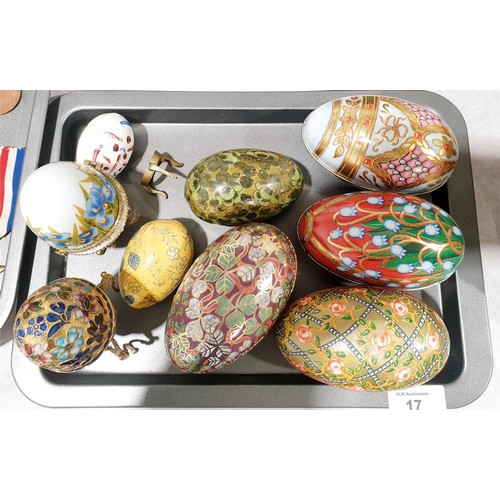 17 - A selection of decorative tin eggs, the longest 12cm together with other eggs. UK shipping £14.