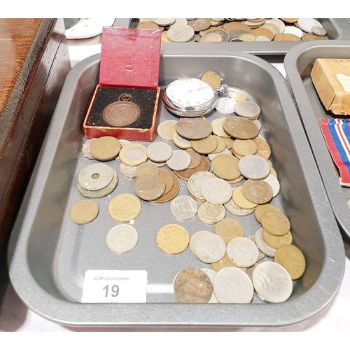 19 - A selection of foreign coinage, Life Saving Medal and a Nero Lemania stop watch, A/F. UK shipping £1... 