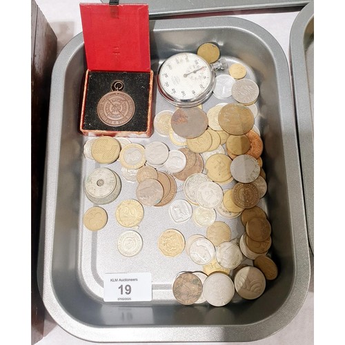 19 - A selection of foreign coinage, Life Saving Medal and a Nero Lemania stop watch, A/F. UK shipping £1... 