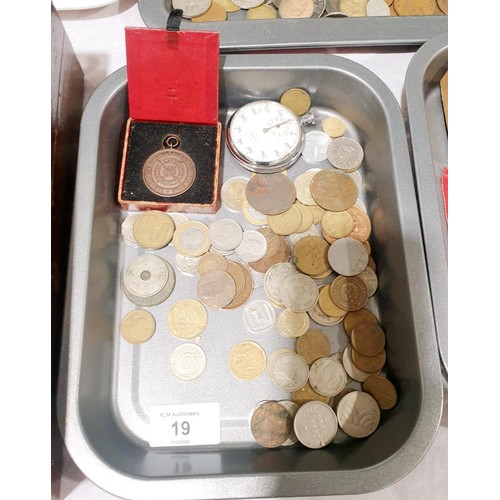 19 - A selection of foreign coinage, Life Saving Medal and a Nero Lemania stop watch, A/F. UK shipping £1... 