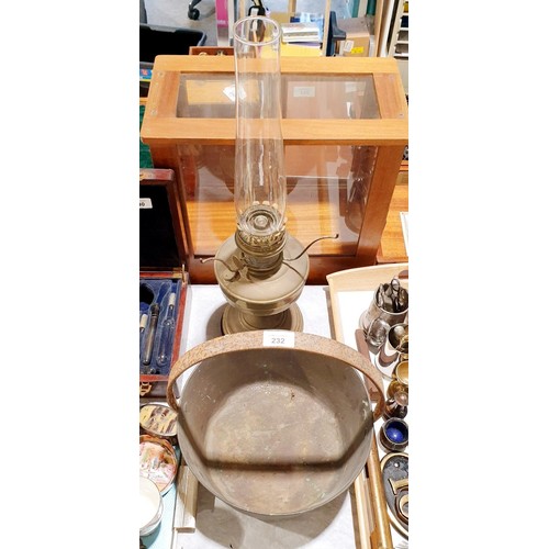 232 - A part oil lamp and a vintage brass preserve pan, diameter 28.5cm. No shipping. Arrange collection o... 