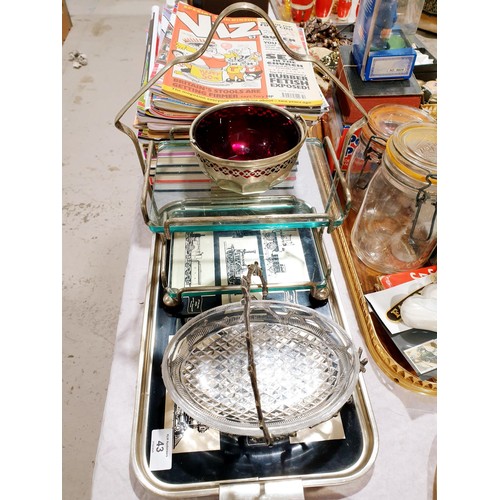 43 - A vintage silver plated and glass cake stand, height 33cm together with two silver plate and glass d... 