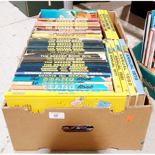 55 - A box of vintage annuals including The Beano, The Dandy, The Beezer, Cor! and Topper. No shipping. A... 