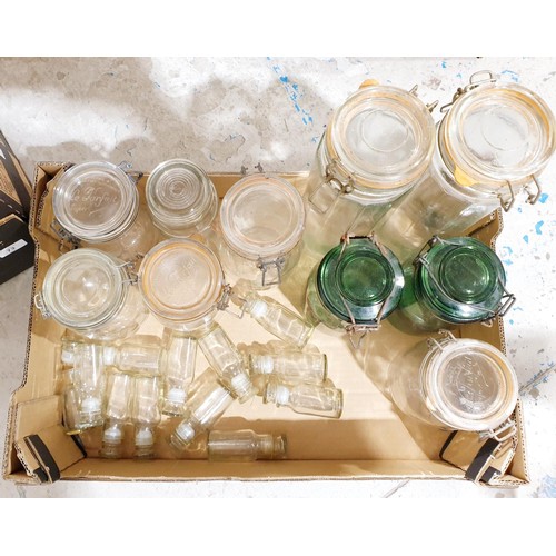 74 - A box of vintage glass preserve and spice jars. No shipping. Arrange collection or your own packer a... 