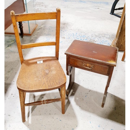 114 - An elm child's chair, height 64cm together with a wooden shelf. No shipping. Arrange collection or y... 