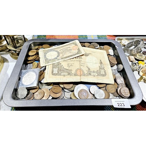 223 - A selection of British and foreign coins and two bank notes. UK shipping £14.