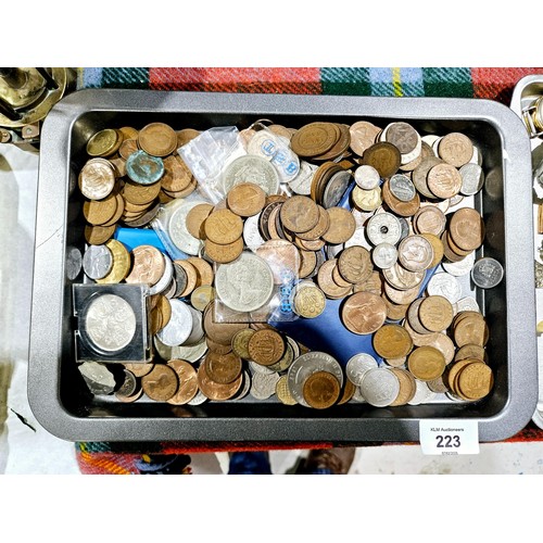 223 - A selection of British and foreign coins and two bank notes. UK shipping £14.