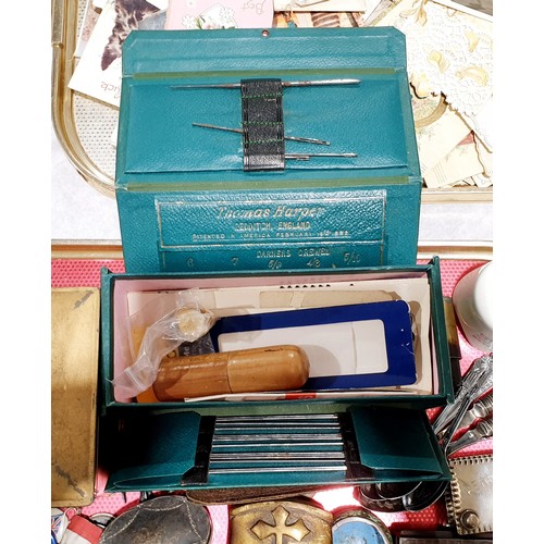 22 - A tray of collectables including silver, a William Rogers throwing knife and an antique enamel balm ... 