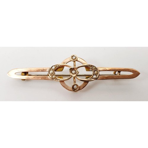 11 - An antique 9ct rose gold bar brooch set with seed pearls, width 5cm, gross weight 2g. UK shipping £1... 