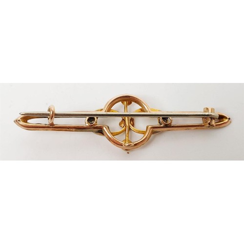 11 - An antique 9ct rose gold bar brooch set with seed pearls, width 5cm, gross weight 2g. UK shipping £1... 