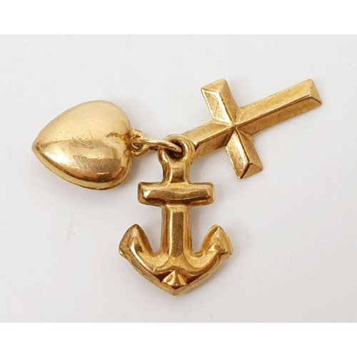 14 - A hallmarked 9ct gold anchor, heart and cross pendant, weight 1g. UK shipping £14.