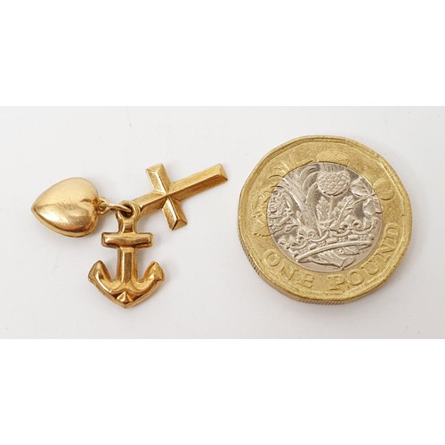 14 - A hallmarked 9ct gold anchor, heart and cross pendant, weight 1g. UK shipping £14.