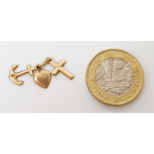 15 - A 9ct gold anchor, heart and cross pendant, weight 0.5g. UK shipping £14.