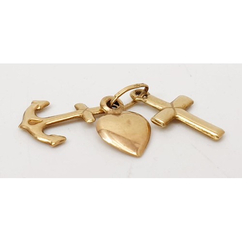 15 - A 9ct gold anchor, heart and cross pendant, weight 0.5g. UK shipping £14.