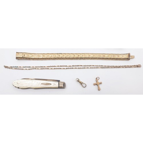 27 - Two silver bangles, a silver mounted grouse foot, a fruit knife with a silver blade and mother of pe... 