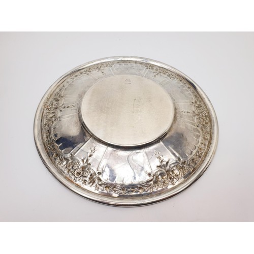 32 - A vintage sterling silver salver with chased decoration, diameter 28cm, weight 419g. UK shipping £14... 