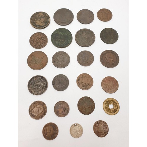 38 - A selection of coins including a 1635 French Double Tournois coin and a USA 1847 1 cent and an 1865 ... 