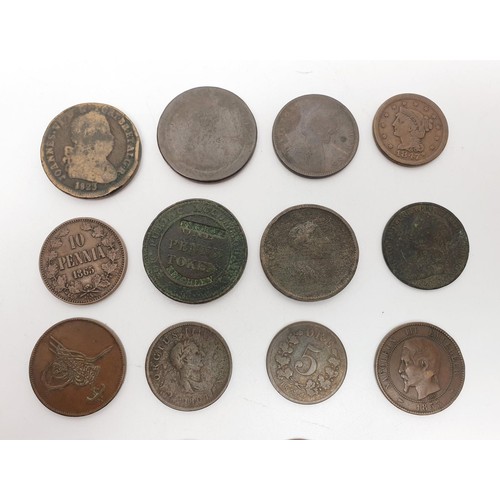 38 - A selection of coins including a 1635 French Double Tournois coin and a USA 1847 1 cent and an 1865 ... 