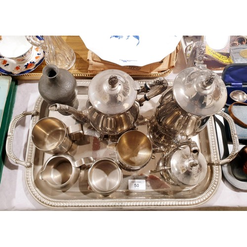 50 - A four piece silver plated coffee set, other metal ware and a silver plated tray. UK shipping £14.