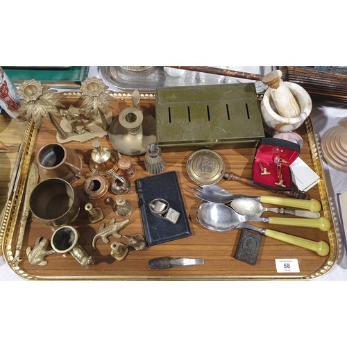 58 - A tray of metal ware and assorted including an antique Bakelite Queen Victoria vesta case. UK shippi... 