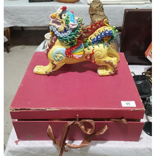 65 - A ceramic Chinese Dog of Fo/Foo, A/F, signed, length 32cm. No shipping. Arrange collection or your o... 
