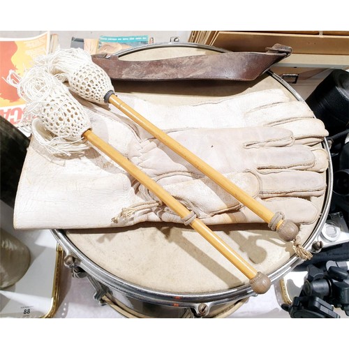 87 - A vintage Premier marching drum with gauntlets, carrying strap and sticks. No shipping. Arrange coll... 