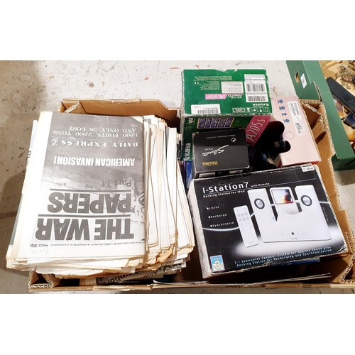 97 - A box of small electricals and reproduction newspapers. No shipping. Arrange collection or your own ... 