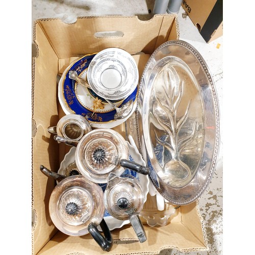 117 - A box of metal ware and china. No shipping. Arrange collection or your own packer and shipper, pleas... 