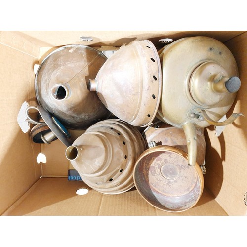 118 - A box of metal ware. No shipping. Arrange collection or your own packer and shipper, please. Electri... 