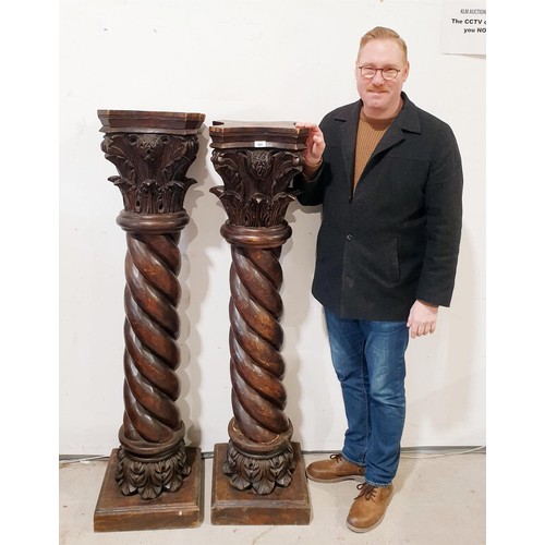 285 - A pair of carved wooden Corinthian columns, one A/F, height 150cm. No shipping. Arrange collection o... 