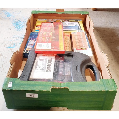 289 - A box of boxed tools. No shipping. Arrange collection or your own packer and shipper, please.