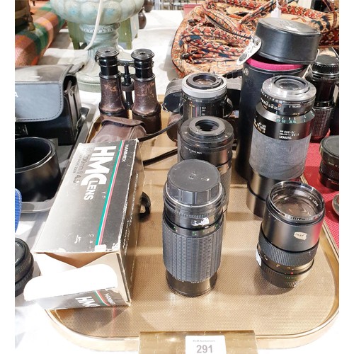 291 - Camera lenses and vintage binoculars. UK shipping £14.