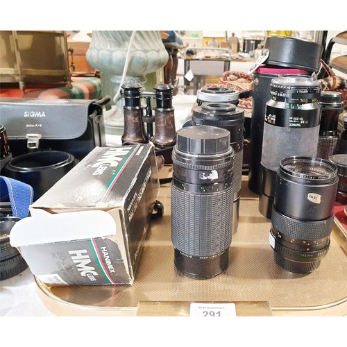 291 - Camera lenses and vintage binoculars. UK shipping £14.